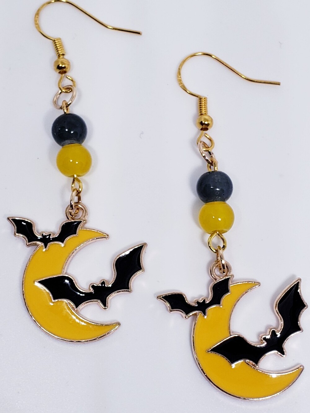 Handmade Glass Beaded Halloween Bat Moon Earrings